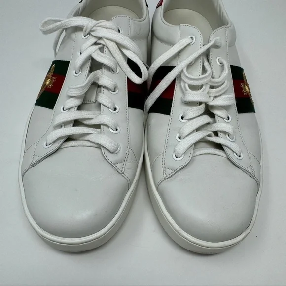 GUCCI Ace Embroidered Gold Bee White Sneakers with Red and Green Stripe - Picture 8 of 12